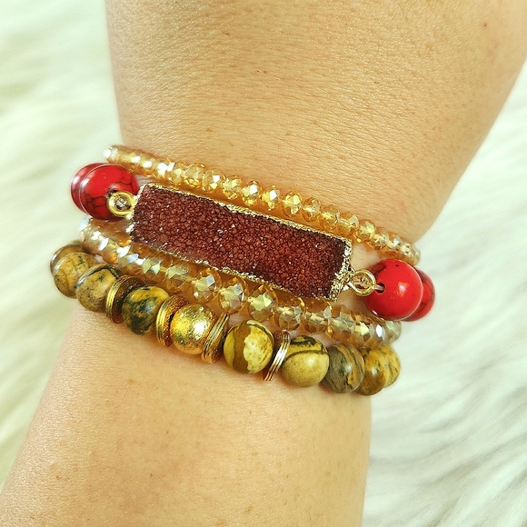 NWT Ryze Natural Stone Druzy, Red Howlite,& Picture Jasper Beaded Staxx Bracelet - Picture 5 of 6